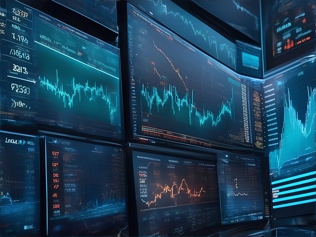Multiple computer screens display fluctuating financial graphs and data. Bright lines and charts show market trends in a dimly-lit room.