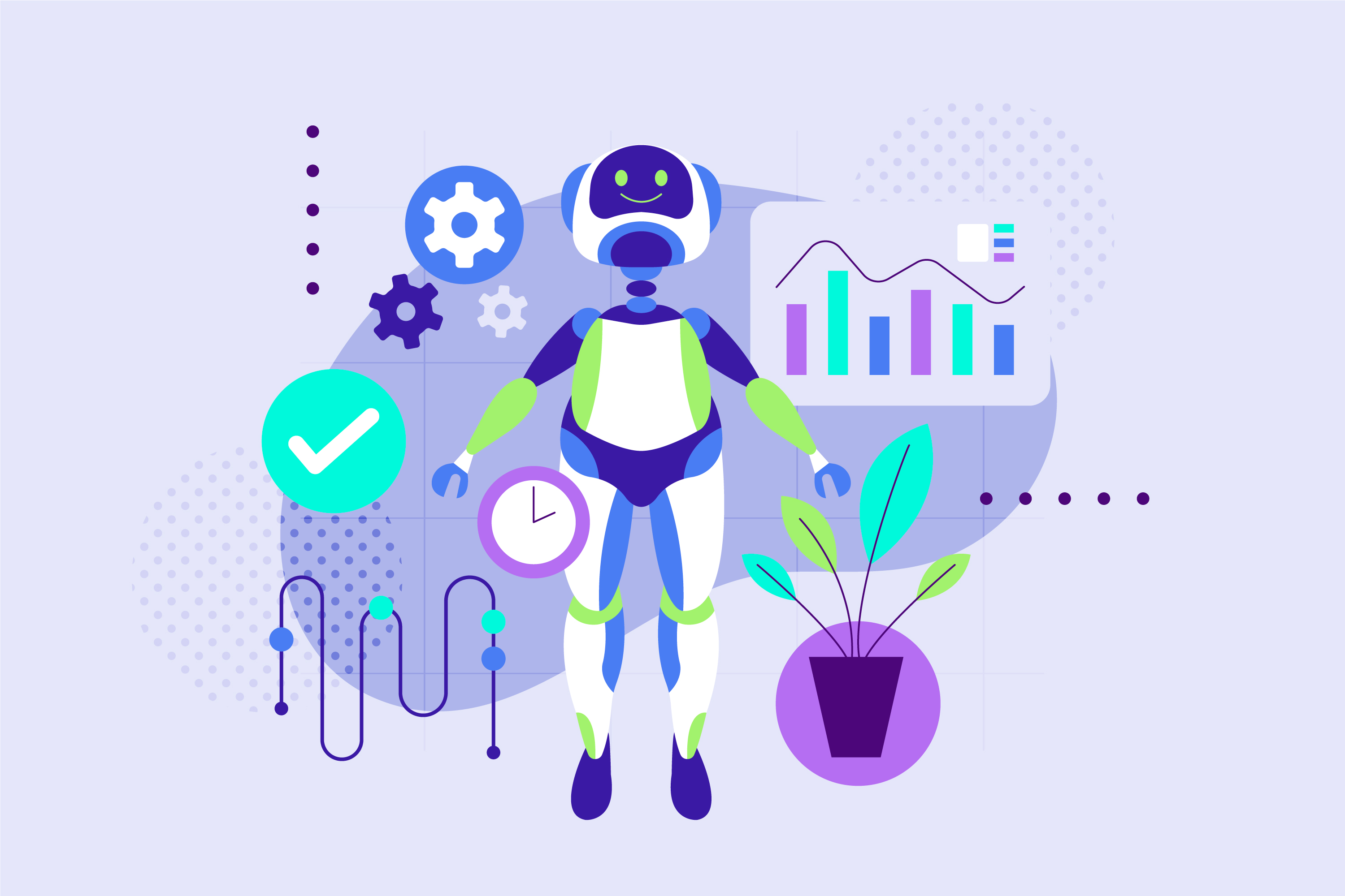 A smiling robot stands surrounded by gears, charts, a checkmark, a clock, and a plant, symbolizing technology and productivity in a modern, digital environment.