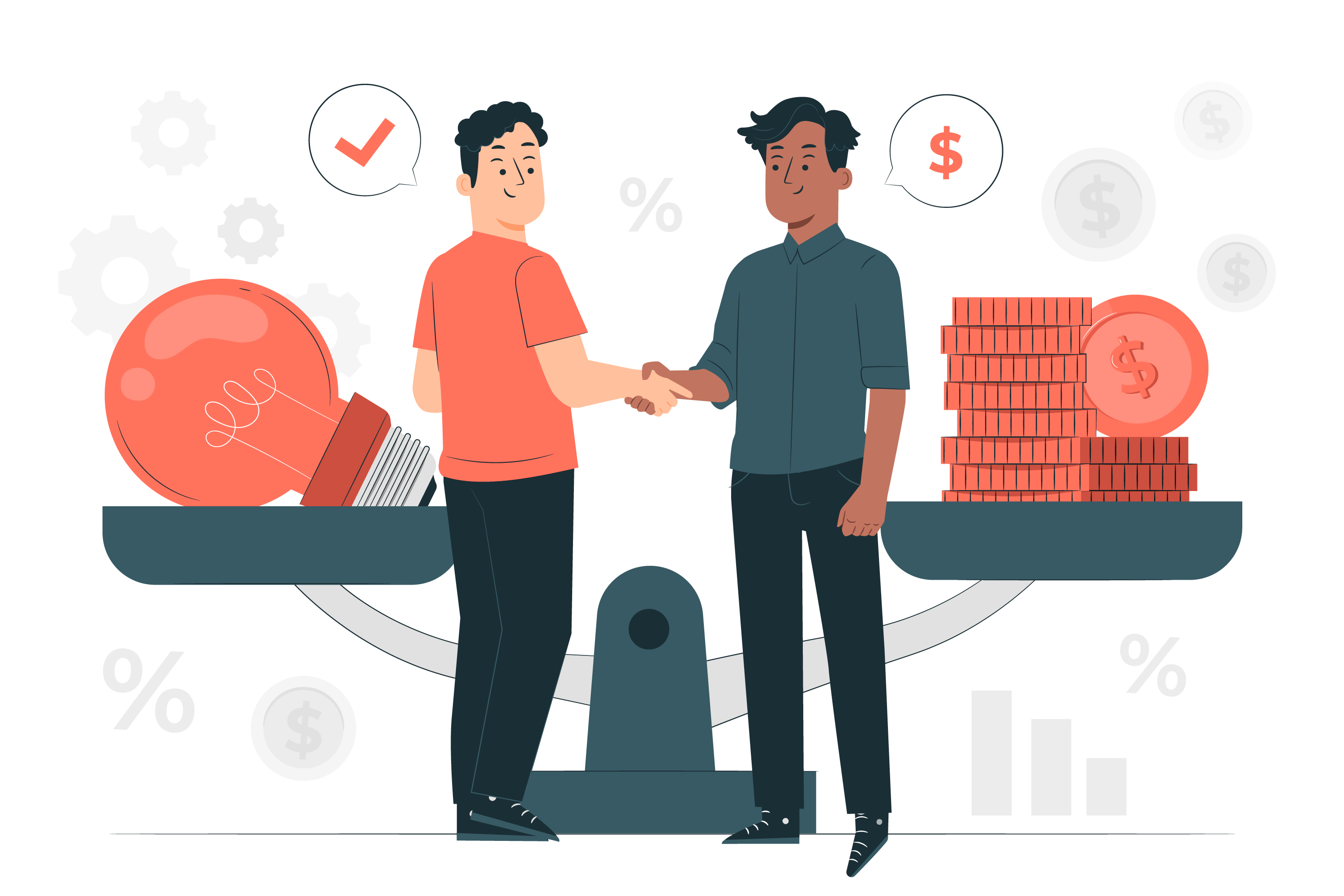 Two people shaking hands on scales, one side holding books and a lightbulb, the other stacks of coins. Speech bubbles with a checkmark and dollar sign appear above them, representing a balanced exchange.