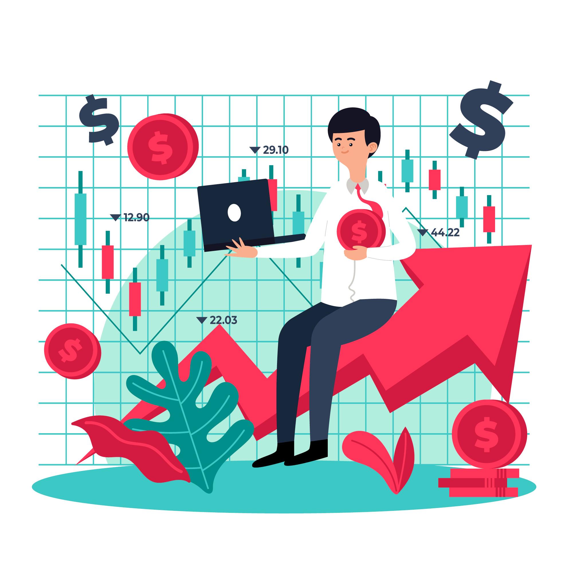 A person sits on a rising red arrow, holding a laptop and coin; dollar symbols and graph lines are in the background